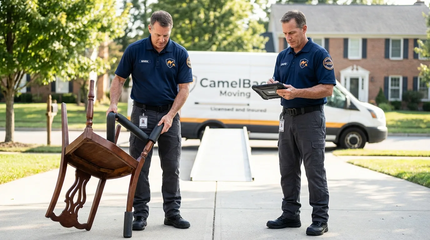 Movers inspecting furniture for damage prevention before loading in Gallitzin, PA